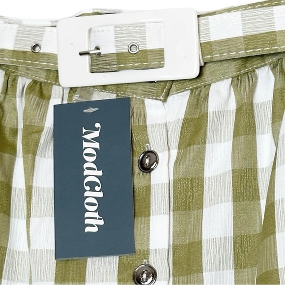 ModCloth A-line Skirt 10 NWT Green Gingham Plaid Retro Belted Button Front - Picture 6 of 9